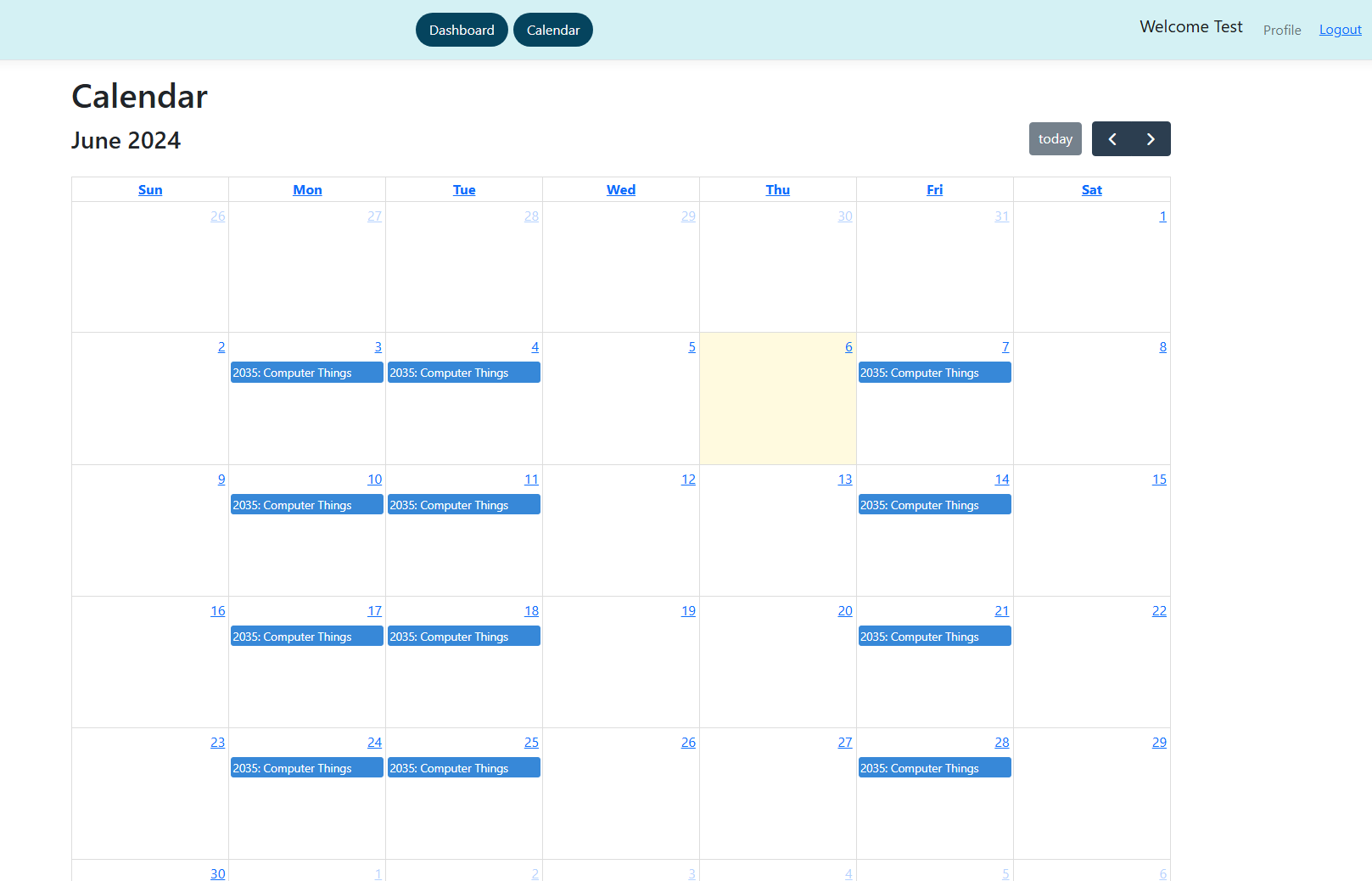 The calendar page shows a user's class schedule, whether student or instructor.