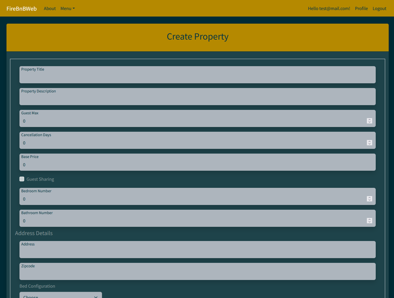 The add property page. This is where you first add all the information for a property you wish to list for rent on the site.