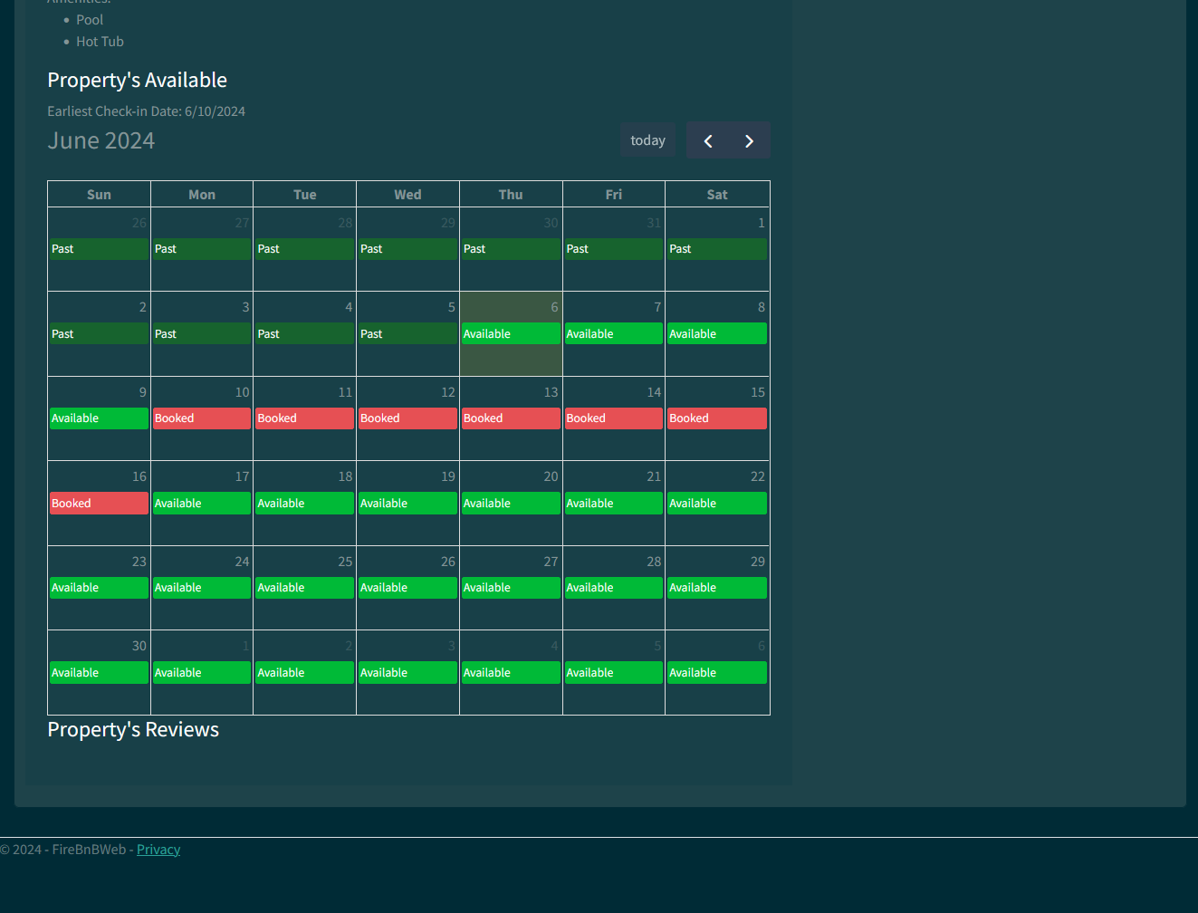 Continuation of the property details page where there is a calendar showing all available days for the property.