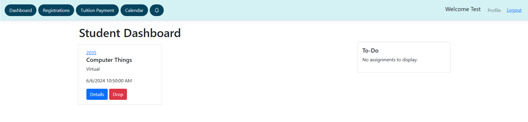 The student dashboard page looks similar to the instructor dashboard page, but it displays classes the student is registered for and assignments that are due soon.