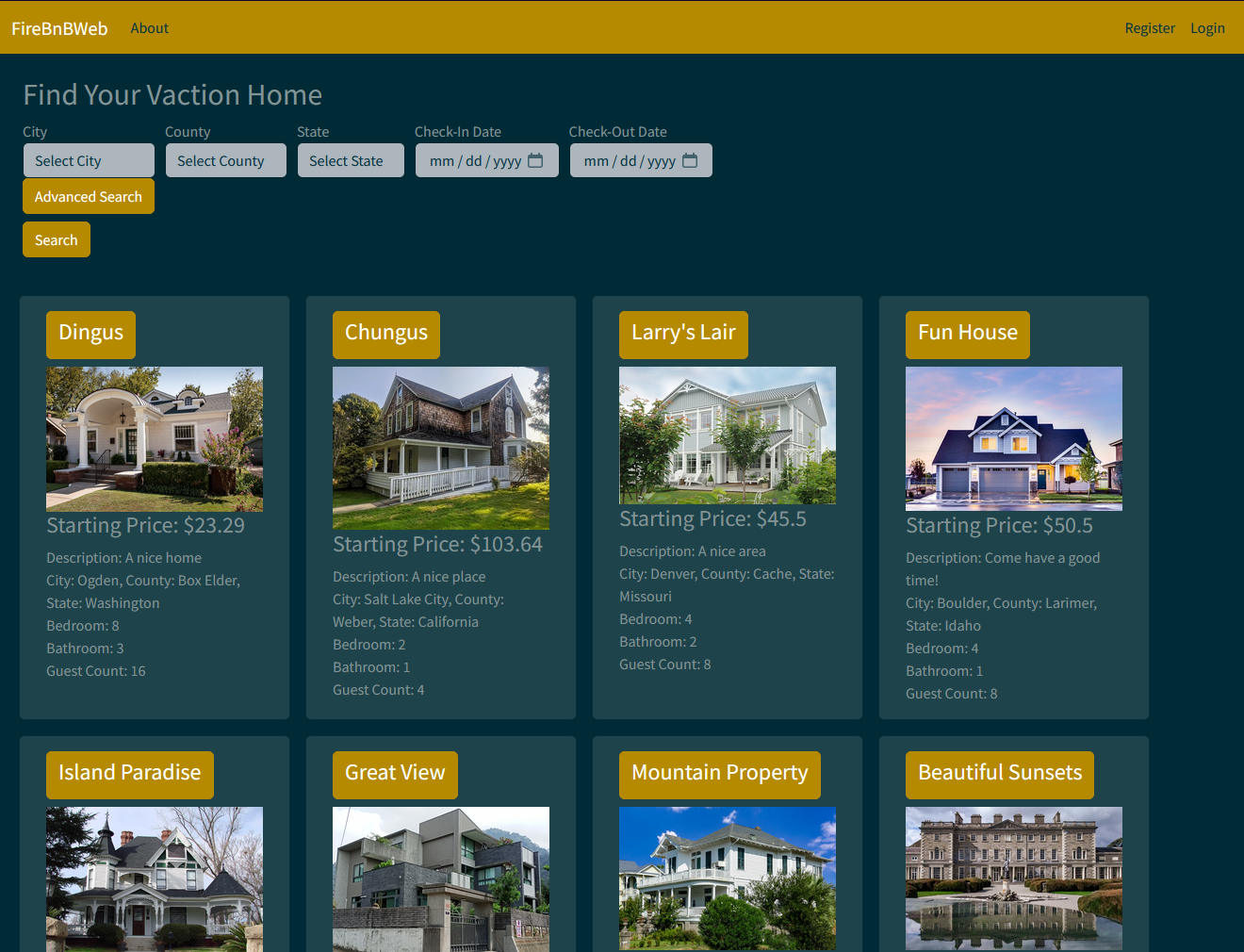 The home page of the website, showing all available properties and a search section to filter through them.