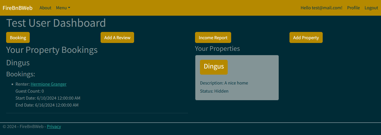 The lister dashboard page, where someone who has listed properties would go to check the status and reports regarding their properties.