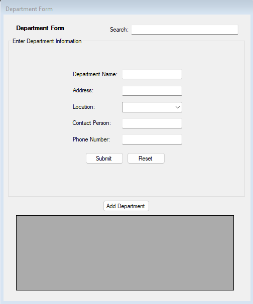 The program window with a few fields to enter the information for a department.