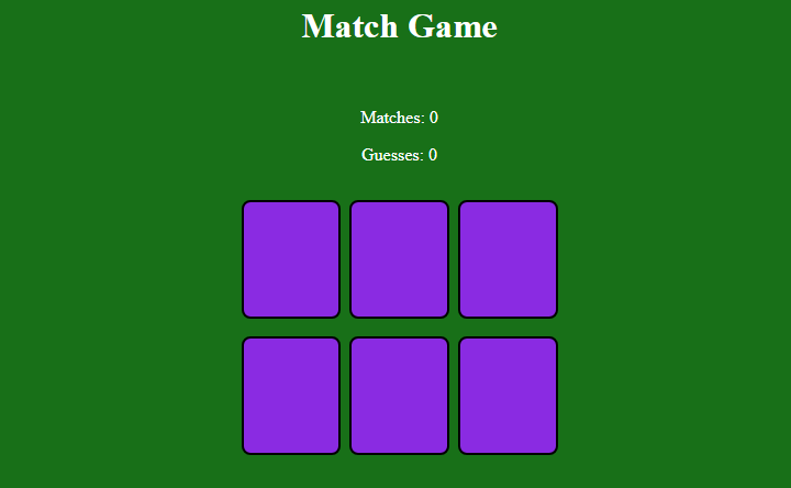 A set of 6 cards laid out to create the board for a game with 3 pairs.