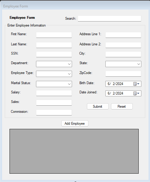 The application window with many fields to enter information for an employee.